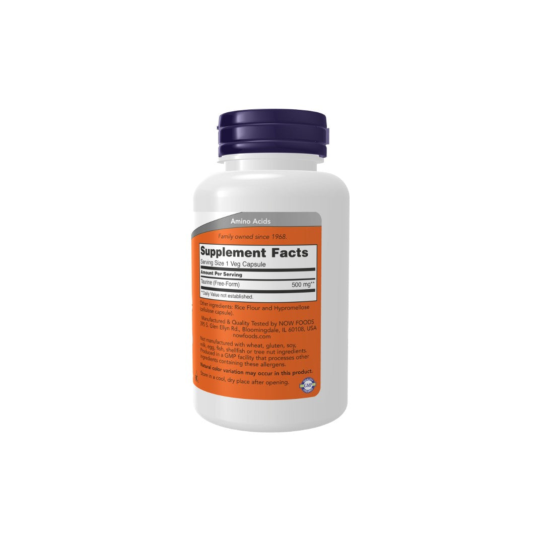 A white Now Foods supplement bottle with an orange label showing details of Taurine 500 mg 100 Veg Capsules, isolated on a white background.