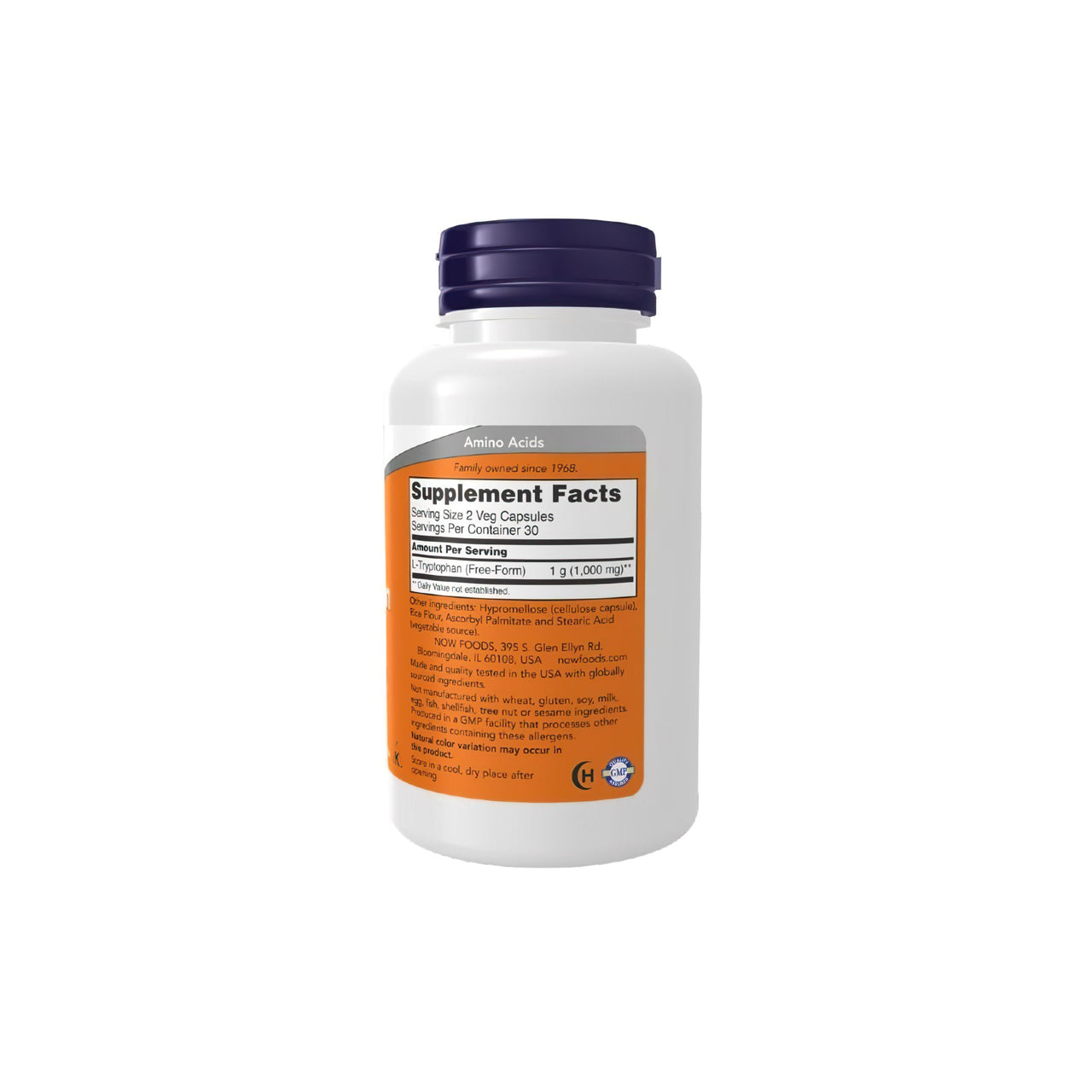 Um frasco de NOW Foods L-Tryptophan 500 mg 60 Vegetable Capsules sobre um fundo branco que promove o relaxamento e a redução do stress.