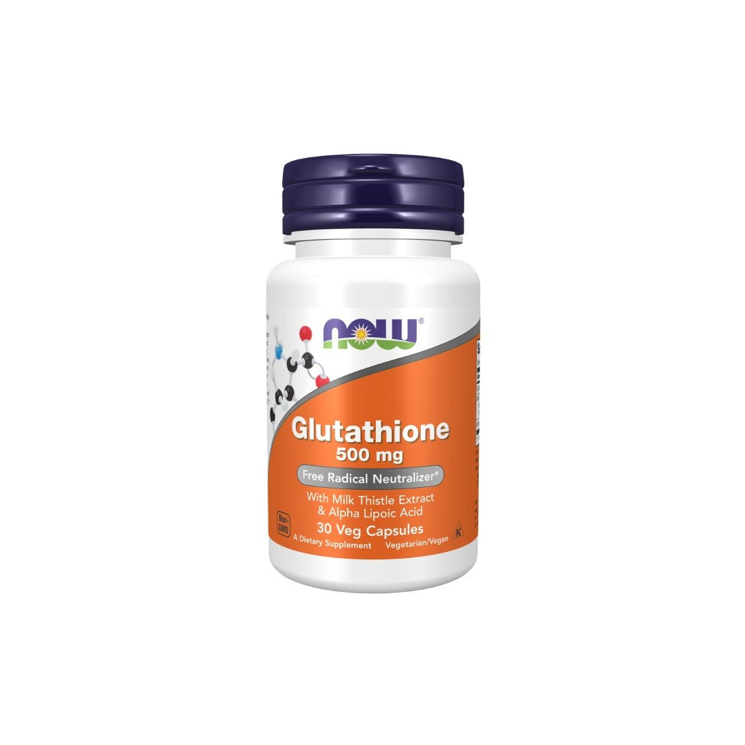 A bottle of Now Foods Glutathione 500 mg supplement for antioxidant support, with milk thistle extract and alpha lipoic acid, 30 veg capsules.