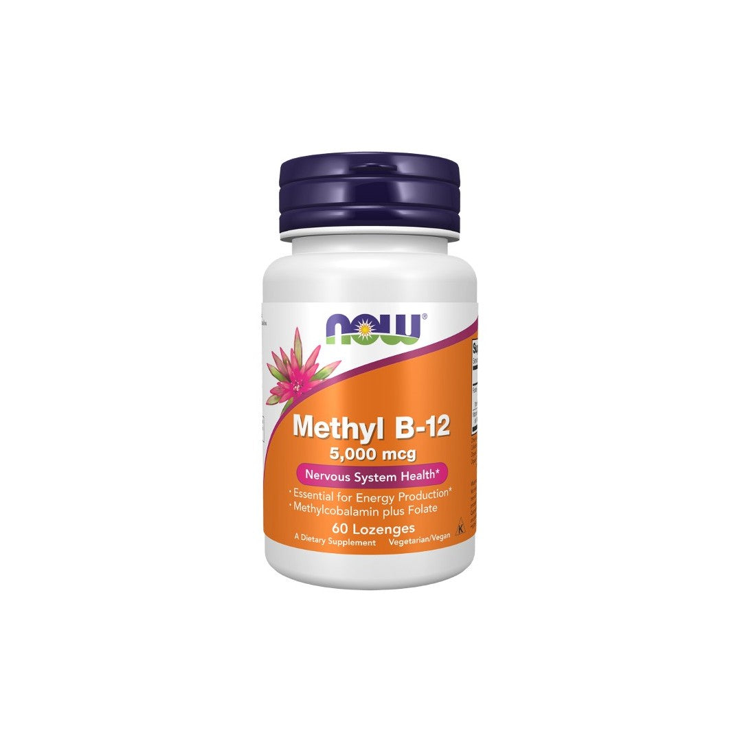 A white bottle labeled "Now Foods Methyl B-12 5,000 mcg, 60 Lozenges" with a purple cap emphasizes nervous system health and energy production. Formulated with methylcobalamin for optimal absorption, this Vitamin B-12 supplement is designed to enhance your overall wellness.