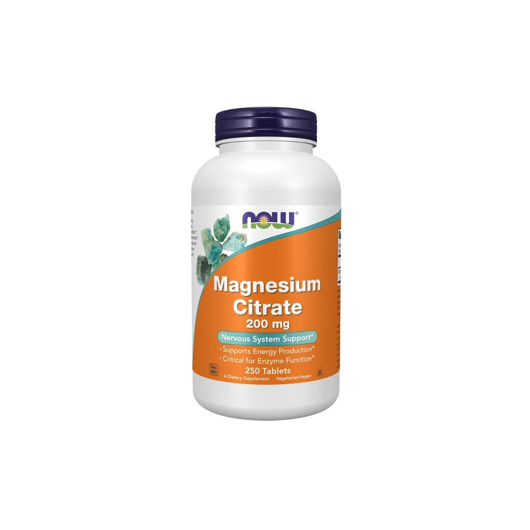 A bottle of Now Foods Magnesium Citrate 200 mg 250 Tablets, labeled for nervous system support and energy production, containing 250 tablets.
