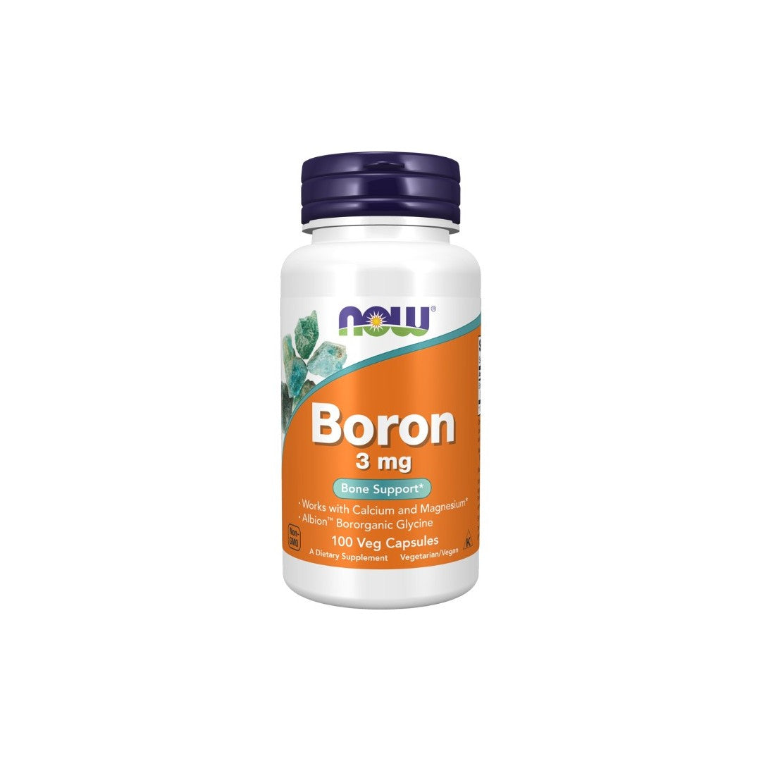 A bottle of Now Foods' Boron 3 mg 100 Veg Capsules contains 100 vegetarian capsules, each providing 3 mg of boron to support bone health and boost the immune system. The label highlights that it works synergistically with calcium and magnesium for maximum benefits.