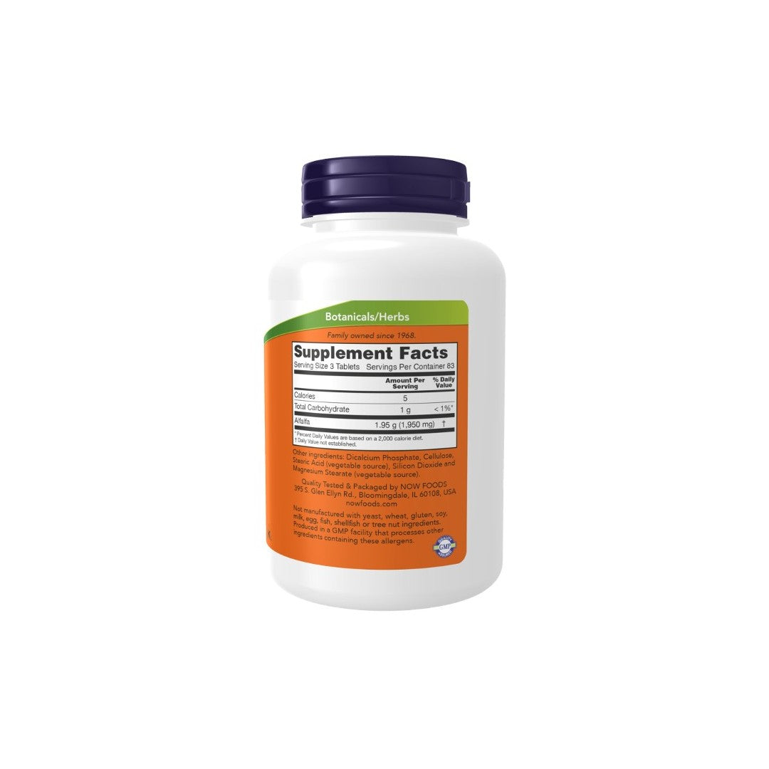 The Alfalfa 650 mg 250 Tablets by Now Foods comes in a white bottle with a purple cap. It features a green and orange label that details the Supplement Facts, including serving size, cholesterol content, benefits for hair health, and heart health. This Alfalfa supplement is also rich in essential vitamins and minerals.