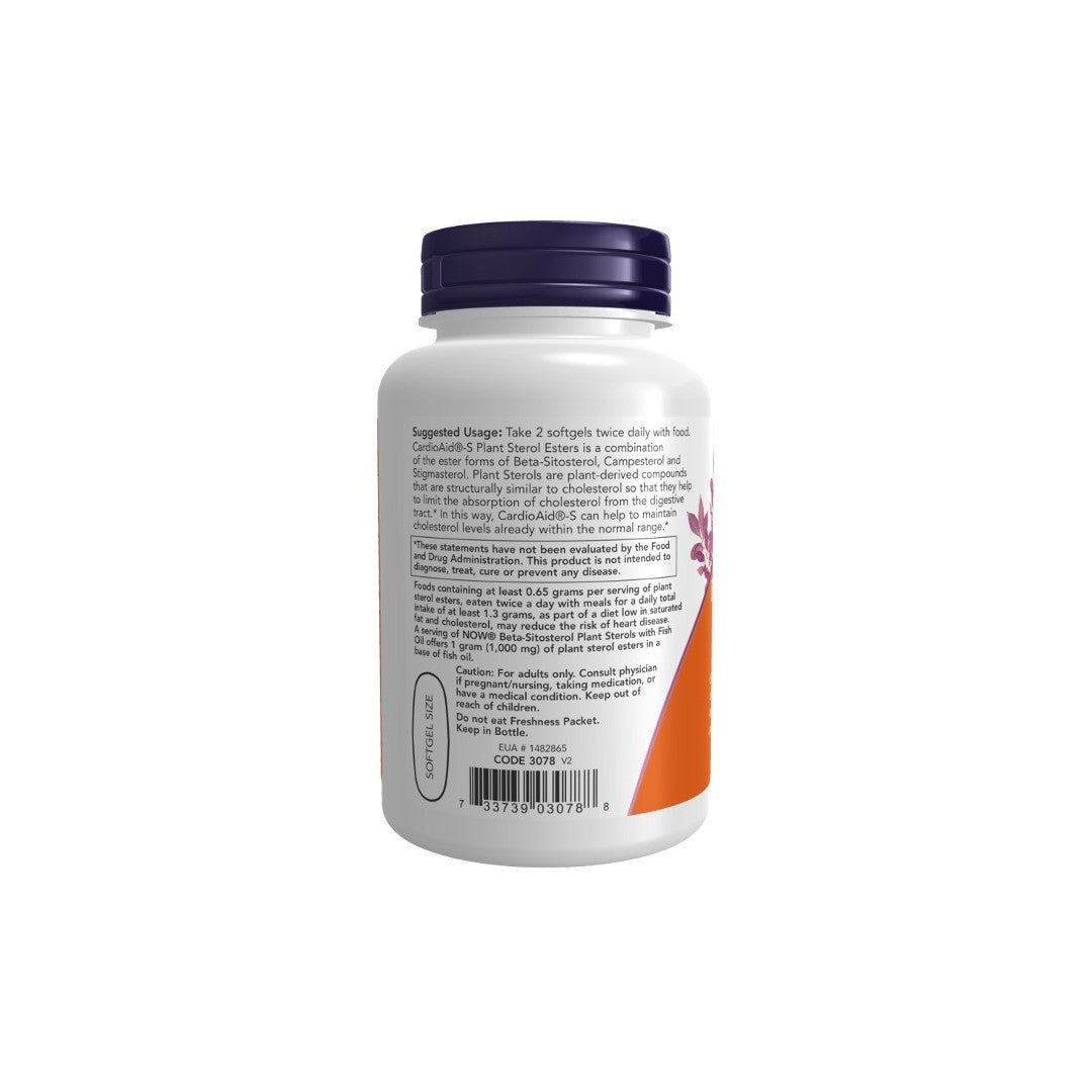 A white bottle with a black cap, featuring supplement usage instructions and ingredients on its label, including Beta-Sitosterol to support healthy cholesterol levels, holds the "Beta-Sitosterol Plant Sterols 90 Softgels" by Now Foods.