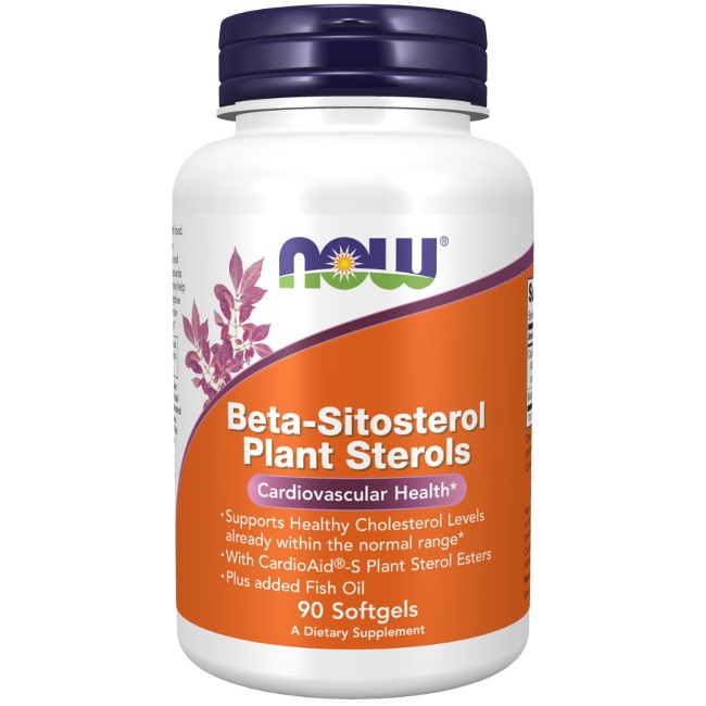 A bottle labeled "Beta-Sitosterol Plant Sterols 90 Softgels" by Now Foods, containing a dietary supplement designed for cardiovascular health and healthy cholesterol levels, with added fish oil.