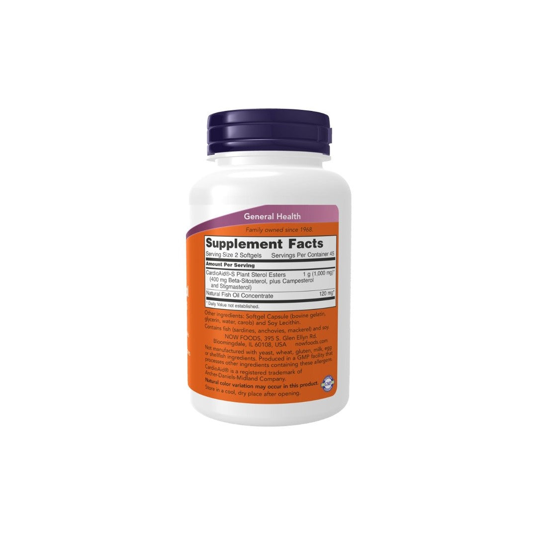 A white bottle with a purple and orange label displays supplement facts, ingredients, and usage instructions for "Beta-Sitosterol Plant Sterols 90 Softgels" by Now Foods, a health supplement designed to support healthy cholesterol levels with Beta-Sitosterol and other Plant Sterols.