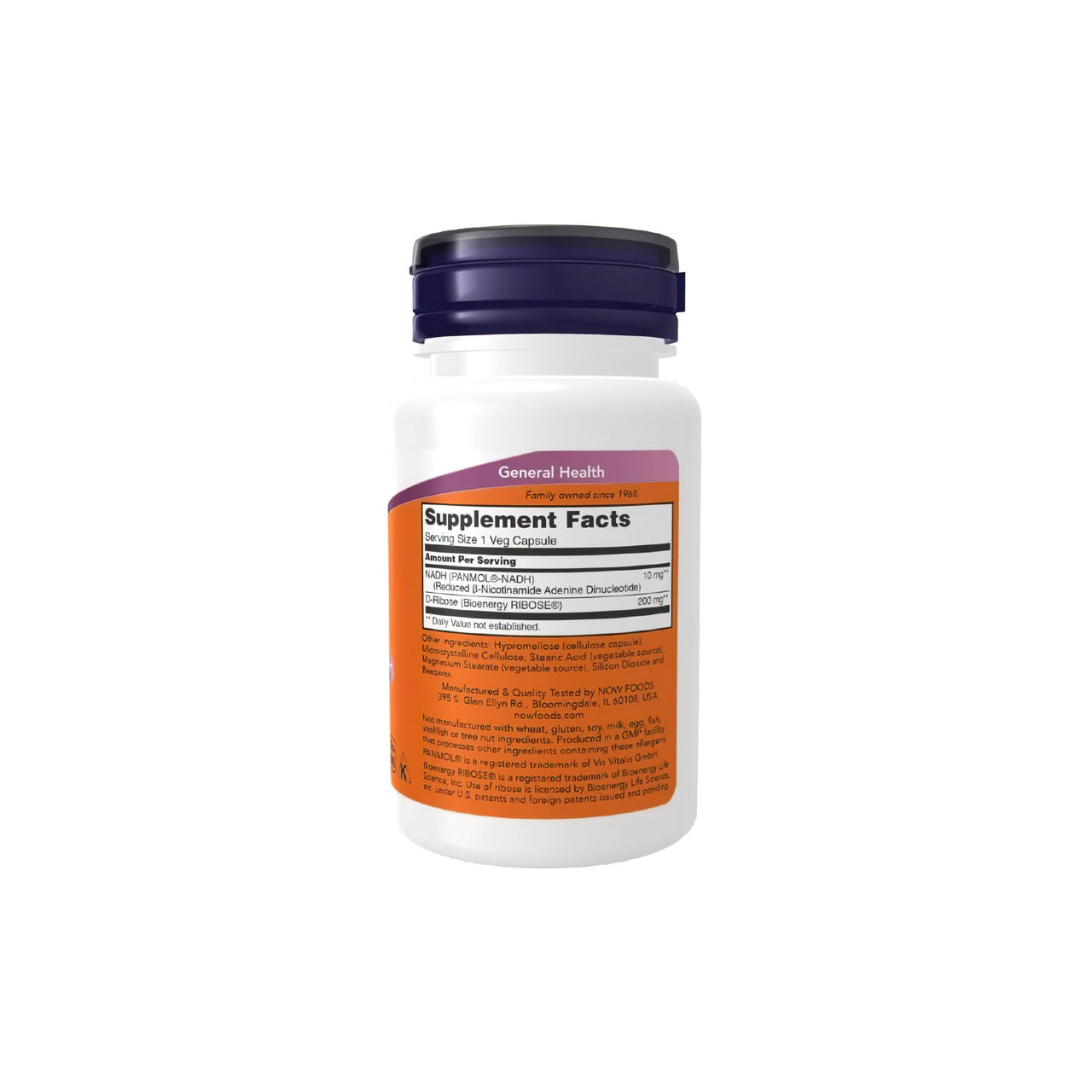A white background showcasing a bottle of Now Foods NADH 10 mg 60 Vegetable Capsules supplement for energy production.