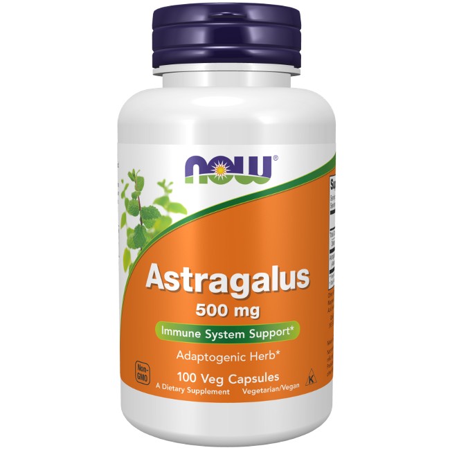 A bottle of Now Foods Astragalus 500 mg 100 Veg Capsules. The label highlights immune system support and adaptogenic herb properties, with 100 vegetarian capsules making it an excellent herbal tonic.