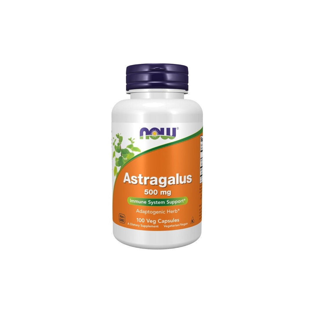 The product "Astragalus 500 mg 100 Veg Capsules" from Now Foods is a white bottle containing 100 vegetarian capsules. It advertises "Immune System Support" and "Adaptogenic Herb," making it a potent herbal tonic derived from Astragalus root.