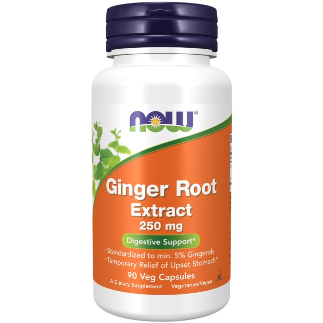 A white bottle labeled "Ginger Root Extract 250 mg, 90 Veg Capsules" by Now Foods, featuring green and orange accents, contains vegetarian capsules designed to support digestive health and provide temporary relief for upset stomach, while also enhancing the immune system.