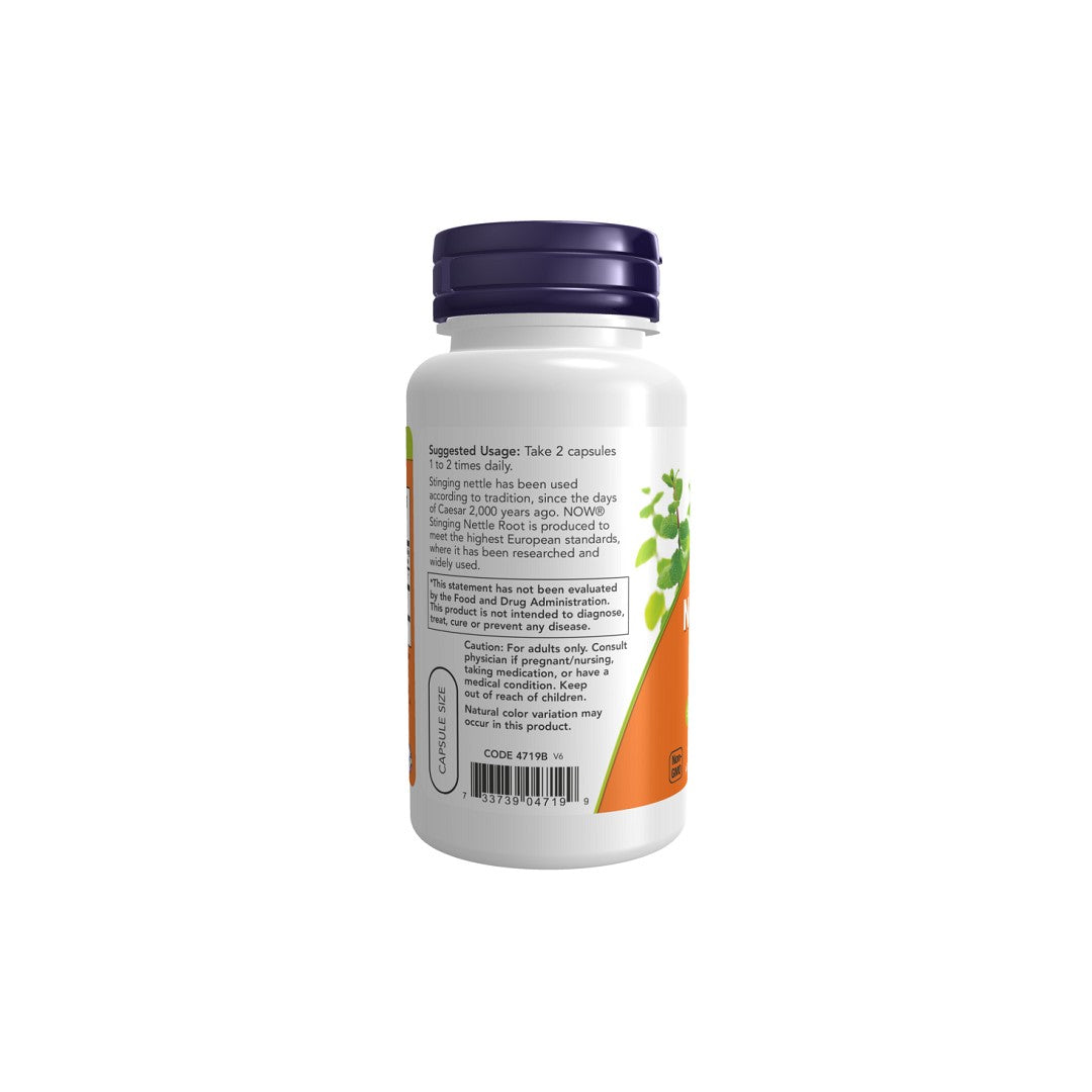 A Now Foods supplement bottle designed for urinary tract support, Stinging Nettle Root 250 mg 90 Veg Capsules, featuring nutritional information and suggested usage instructions on its label, isolated on a white background.