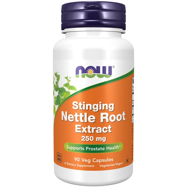A bottle of Now Foods Stinging Nettle Root 250 mg 90 Veg Capsules, supporting prostate and urinary tract health.