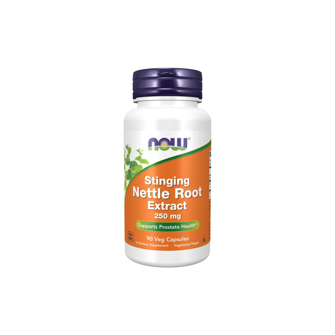 A bottle of Now Foods Stinging Nettle Root 250 mg, labeled as supporting urinary tract and prostate health with 90 veg capsules.