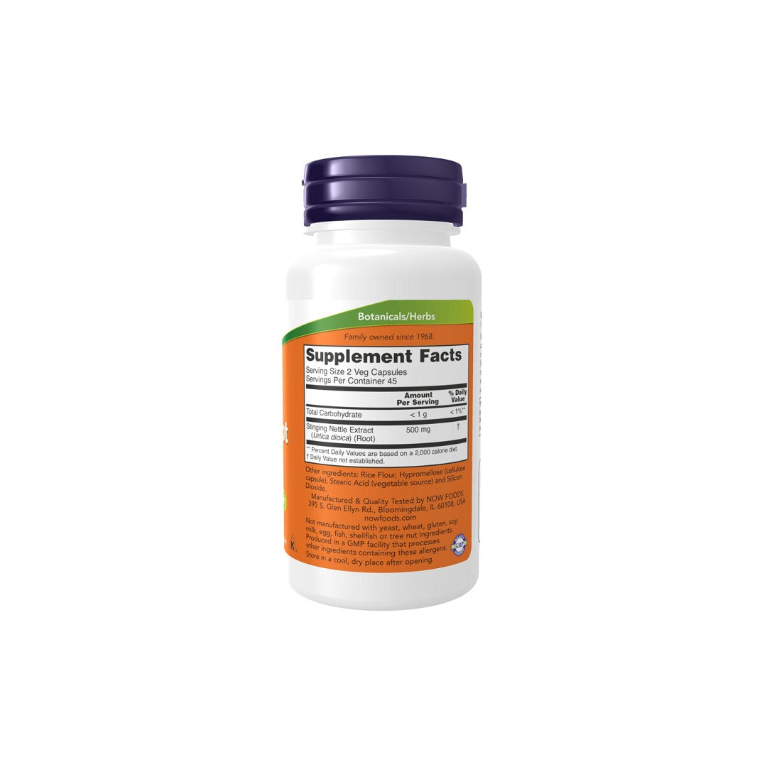White supplement bottle with label showing nutritional information for "Now Foods Stinging Nettle Root 250 mg 90 Veg Capsules" for prostate health and urinary tract support.