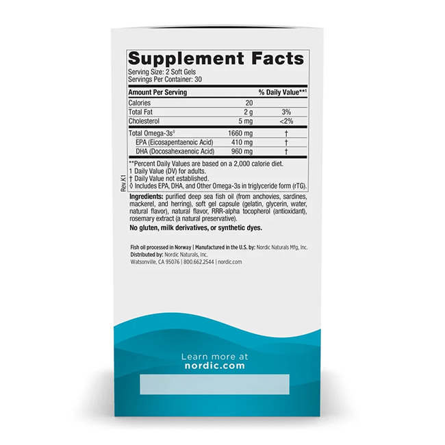 The supplement facts label for Nordic Naturals DHA Xtra 1660 mg Omega-3's, 60 Soft Gels with Strawberry Taste, specifies serving size, calories, total fat, cholesterol, and total omega-3 fatty acids such as DHA Xtra and EPA. It also lists additional ingredients along with the manufacturer's information and website.