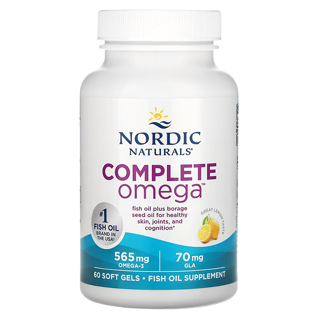 Nordic Naturals' Complete Omega 565 mg supplement contains 60 soft gels, enriched with omega-3 and borage seed oil to support skin health, joint function, and cognitive abilities. Each serving delivers a total of 565 mg of omega-3s, including DHA, along with 70 mg of GLA, all in a refreshing lemon flavor.