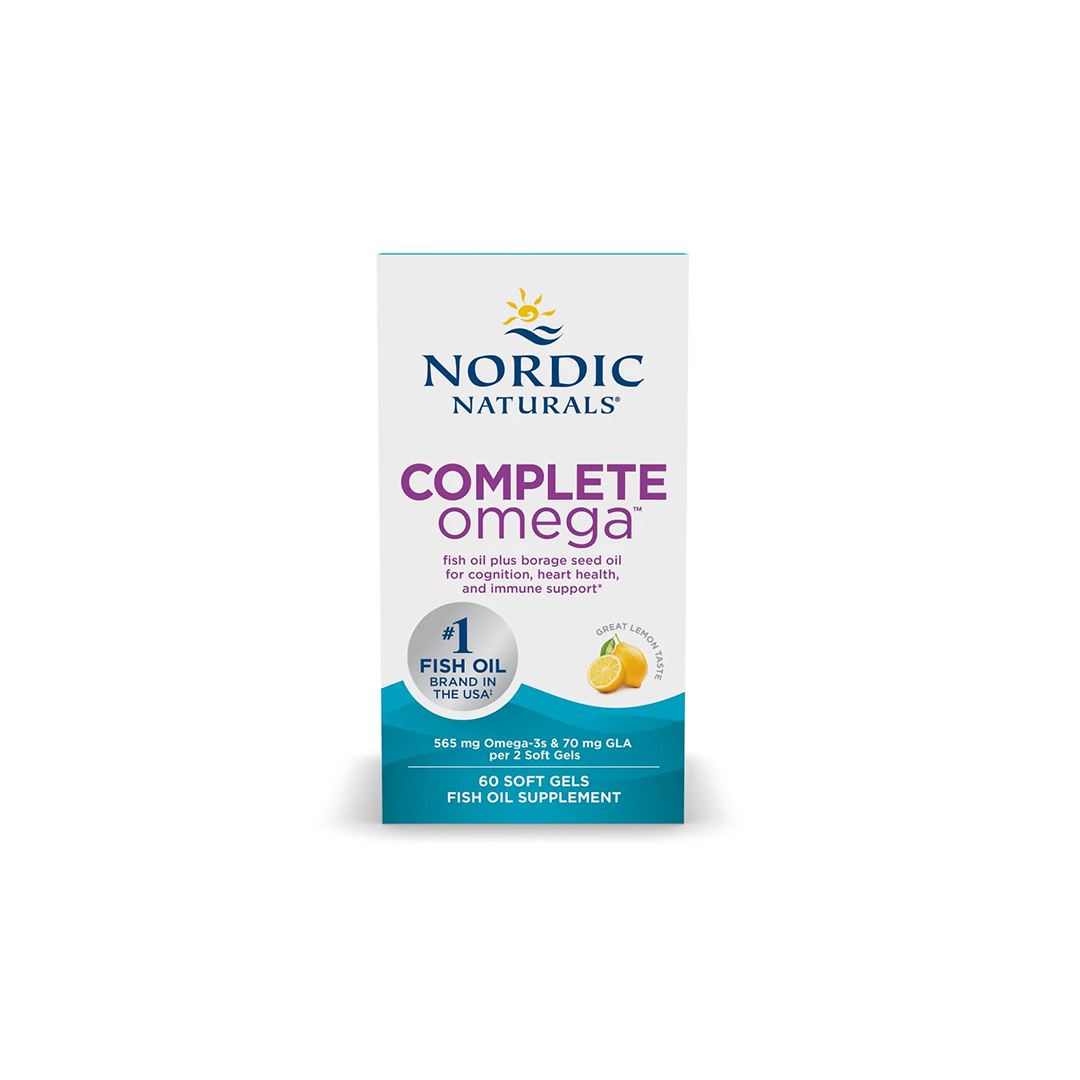 The Complete Omega 565 mg by Nordic Naturals is a box containing 60 soft gels, rich in essential Omega-3 and DHA to support heart and brain health.