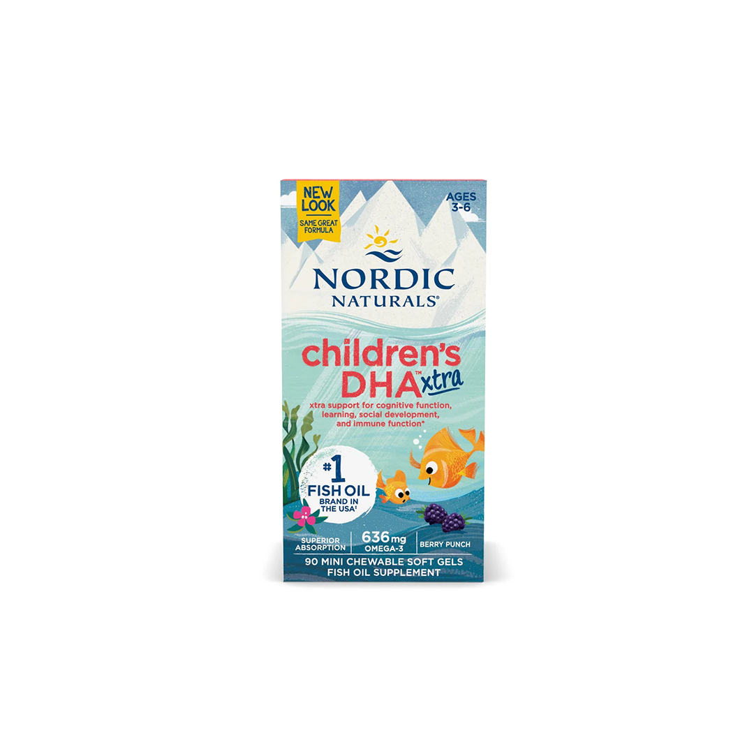 Nordic Naturals Childrens DHA Xtra 636 mg, designed for ages 3-6, comes in a package featuring playful fish illustrations. Each of the 90 mini chewable soft gels delivers a robust 636 mg of omega-3 fatty acids with a delightful tutti frutti flavor.