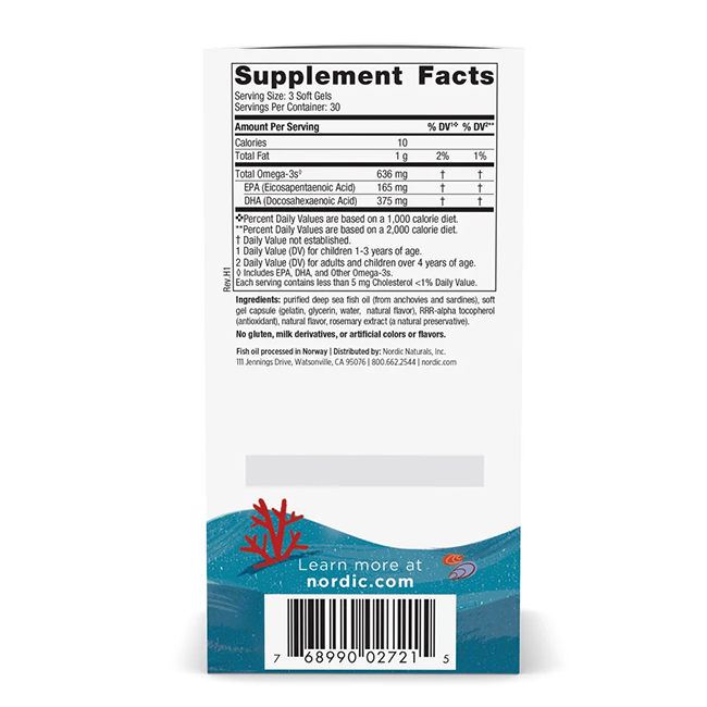 The reverse side of the Children's DHA Xtra 636 mg Mini Chewable Soft Gels bottle from Nordic Naturals highlights Supplement Facts, a list of ingredients, and nutritional information. Specifically crafted to meet children's DHA needs, it also provides a website link for additional details.