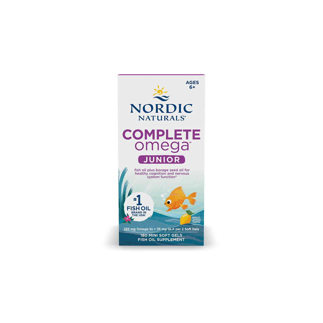 Nordic Naturals' Complete Omega Junior 283 mg fish oil supplement, suitable for ages 6 and up, is enriched with essential Omega-3 fatty acids and available in a box featuring a fish graphic containing 180 mini soft gels.