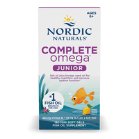 Thumbnail for Nordic Naturals Complete Omega Junior 283 mg, rich in DHA and EPA Omega-3 fatty acids, comes in a box of 180 mini soft gels suitable for ages 6 and up.