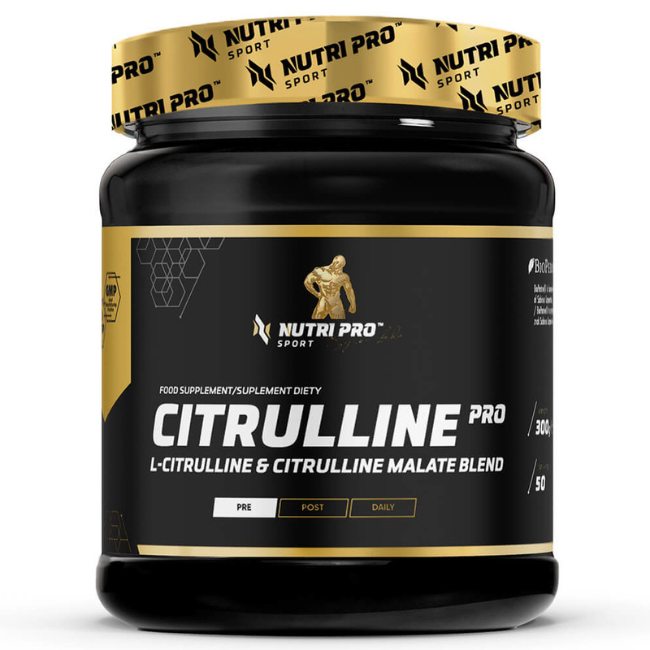 A black and gold container of Nutri Pro Sport's Citrulline PRO 300g - Tropical Flavour supplement, featuring a potent blend of L-Citrulline and Citrulline Malate for enhanced muscle regeneration, labeled for pre and daily use.