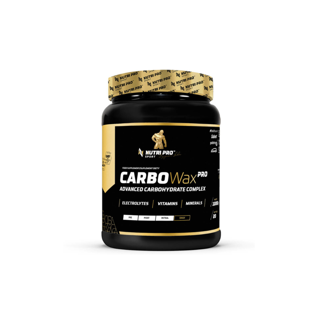 The "Carbo Wax PRO 1000g - Strawberry Flavour" from Nutri Pro Sport features a stylish black and gold design, offering a mix of electrolytes, vitamins, and minerals specifically formulated for optimal training recovery. This carbohydrate supplement delivers crucial energy support to help you endure intense workouts and recover efficiently.