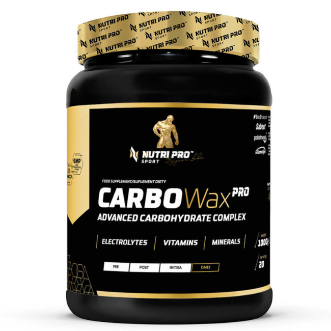 The black and gold container labeled "Carbo Wax PRO 1000g - Strawberry Flavour" by Nutri Pro Sport features essential details such as electrolytes, vitamins, minerals, and a daily intake chart, making it an ideal carbohydrate supplement for energy support and training recovery.