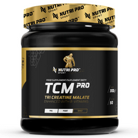 Thumbnail for The Nutri Pro Sport TCM PRO 300 g Orange Flavour dietary supplement, featuring a sleek black and gold label, contains 300g of creatine malate. Enriched with B-vitamins, it supports muscle regeneration for athletes aiming for optimal performance.