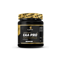 Thumbnail for The EAA PRO Amino Plus 420g Pineapple Flavour by Nutri Pro Sport, packaged in a black jar with gold and white text, is expertly designed for optimal electrolyte and amino acid supplementation. Enjoy the refreshing pineapple flavor as it aids in muscle regeneration.