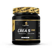 Thumbnail for A black container of Nutri Pro Sport's Crea 5 Pro Creatine Matrix sports supplement, featuring gold and white labels and a pomegranate flavor, is designed for muscle regeneration through its advanced creatine complex formula.