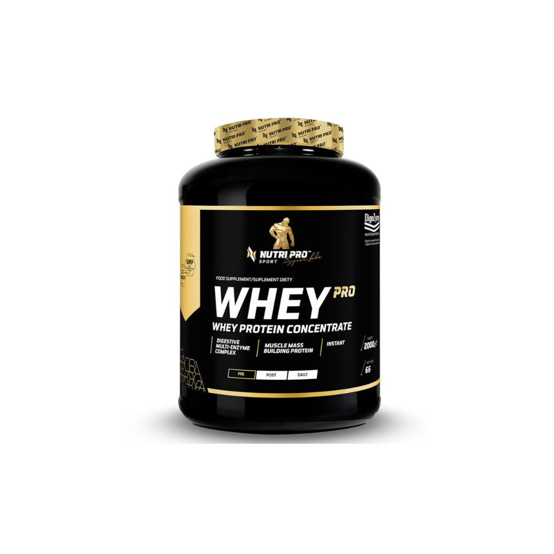 A stylish black and gold tub of Nutri Pro Sport's Whey PRO Whey Protein Concentrate in Cookie with Cream Flavour showcases bold text emphasizing its nutritional information on a clean white background, enriched with amino acids for optimal performance.