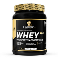 Thumbnail for A black container of Whey PRO - Whey Protein Concentrate by Nutri Pro Sport, infused with amino acids and featuring a digestive enzyme complex for building muscle mass, offered in strawberry flavor.