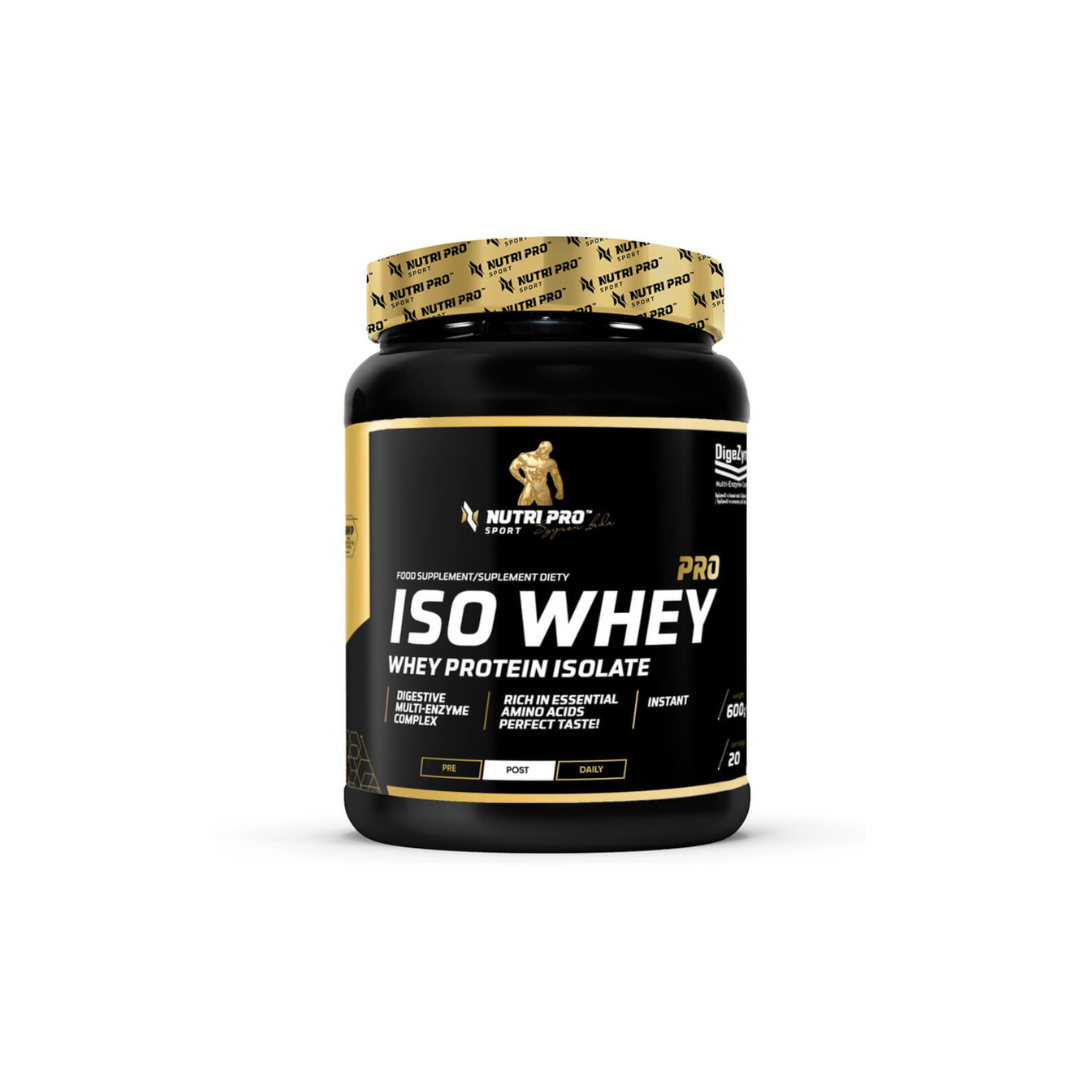 A sleek container of Iso Whey PRO, a 600g Whey Protein Isolate in Cookie with Cream flavour from Nutri Pro Sport, features labels accentuating digestive enzymes and essential amino acids.