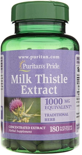 Um frasco de Milk Thistle 1000 mg 4:1 extract Silymarin 180 Rapid Release Softgels by Puritan's Pride.