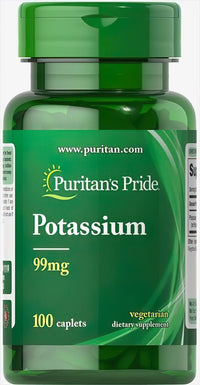 Thumbnail for Puritan's Pride Potassium 99 mg 100 coated caplets é um suplemento alimentar que ajuda a manter o equilíbrio eletrolítico e a regular a pressão arterial.