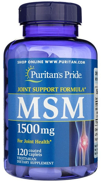 Puritan's Pride MSM 1500 mg 120 Cápsulas revestidas apoia a saúde das articulações e promove um cabelo saudável.