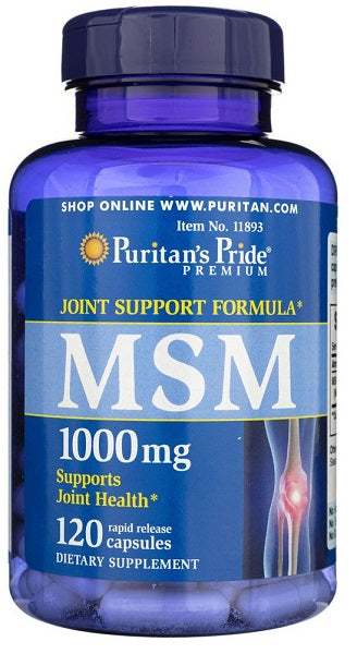 Um frasco de Puritan's Pride MSM 1000 mg 120 cápsulas de libertação rápida, que promove a saúde do tecido conjuntivo e das articulações.