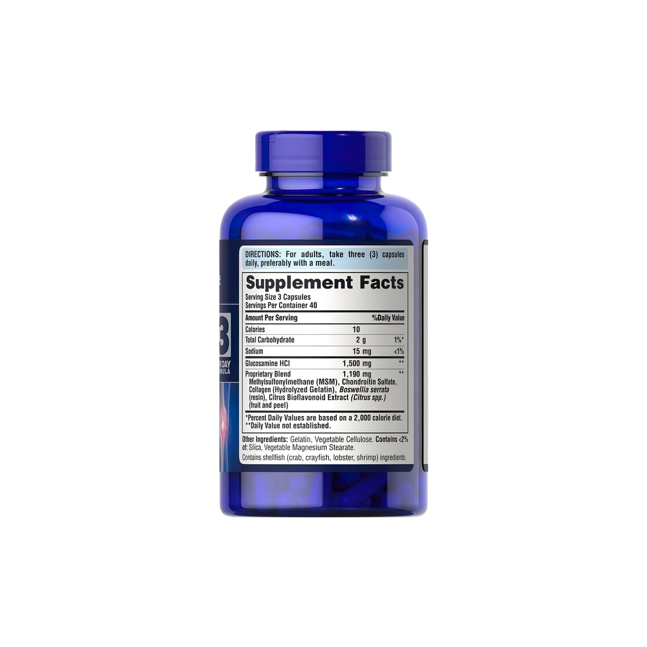 Um frasco de Puritan's Pride Glucosamine Chondroitin MSM 120 cápsulas com um rótulo.
