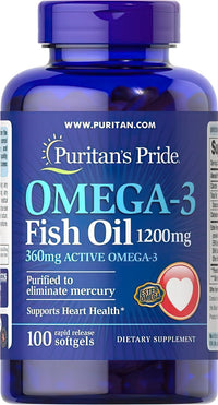 Miniatura de Puritan's Pride Omega-3 Fish Oil 1200 mg (360 mg Active Omega-3) 100 softgel é um suplemento de alta qualidade que apoia a saúde cardiovascular e a função cognitiva.