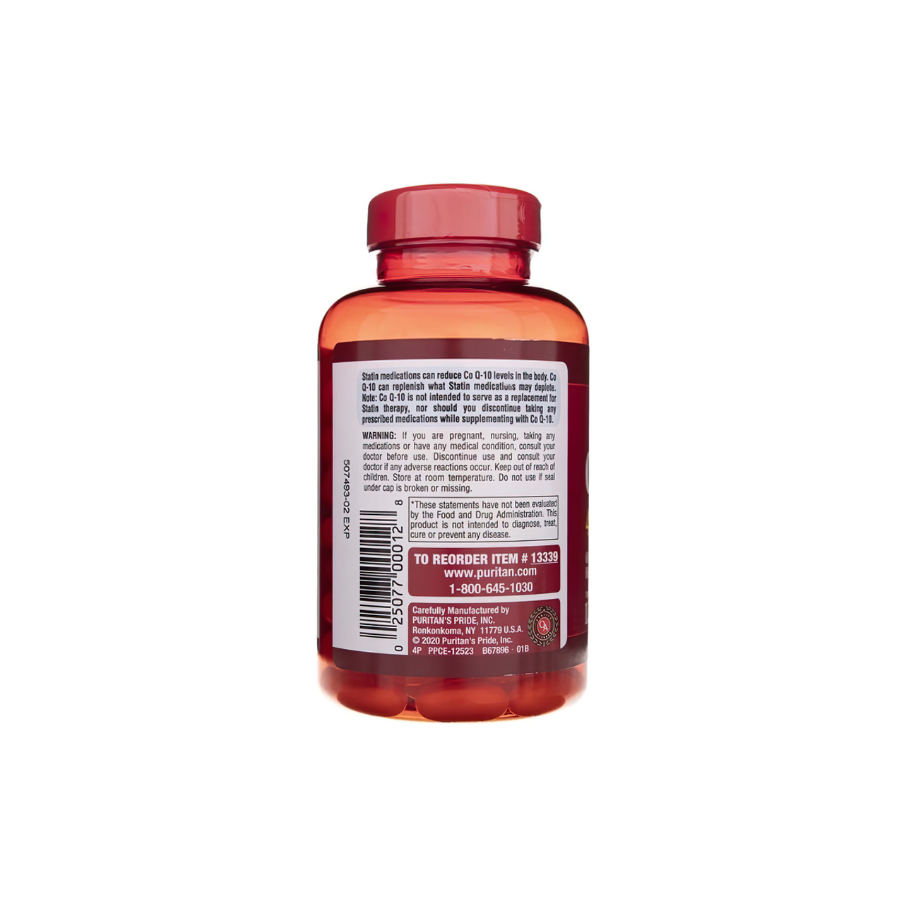 Um frasco de Puritan's Pride Coenzyme Q10 Rapid Release 400 mg 120 Sgel sobre um fundo branco.