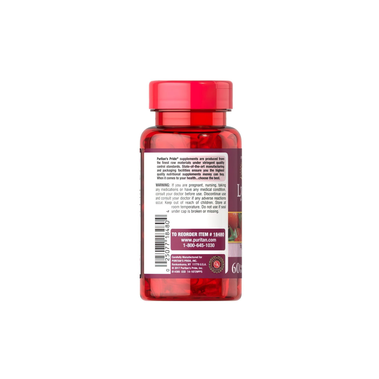 Um frasco de Lycopene 40 mg 60 Rapid Release Softgels da Puritan's Pride sobre um fundo branco.