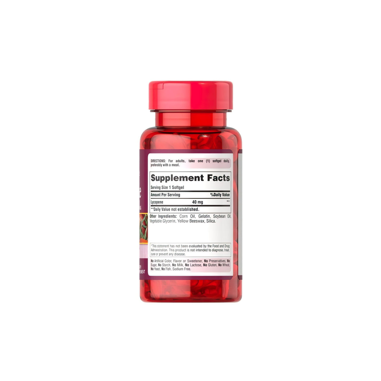 Um frasco de Lycopene 40 mg 60 Rapid Release Softgels da Puritan's Pride sobre um fundo branco.