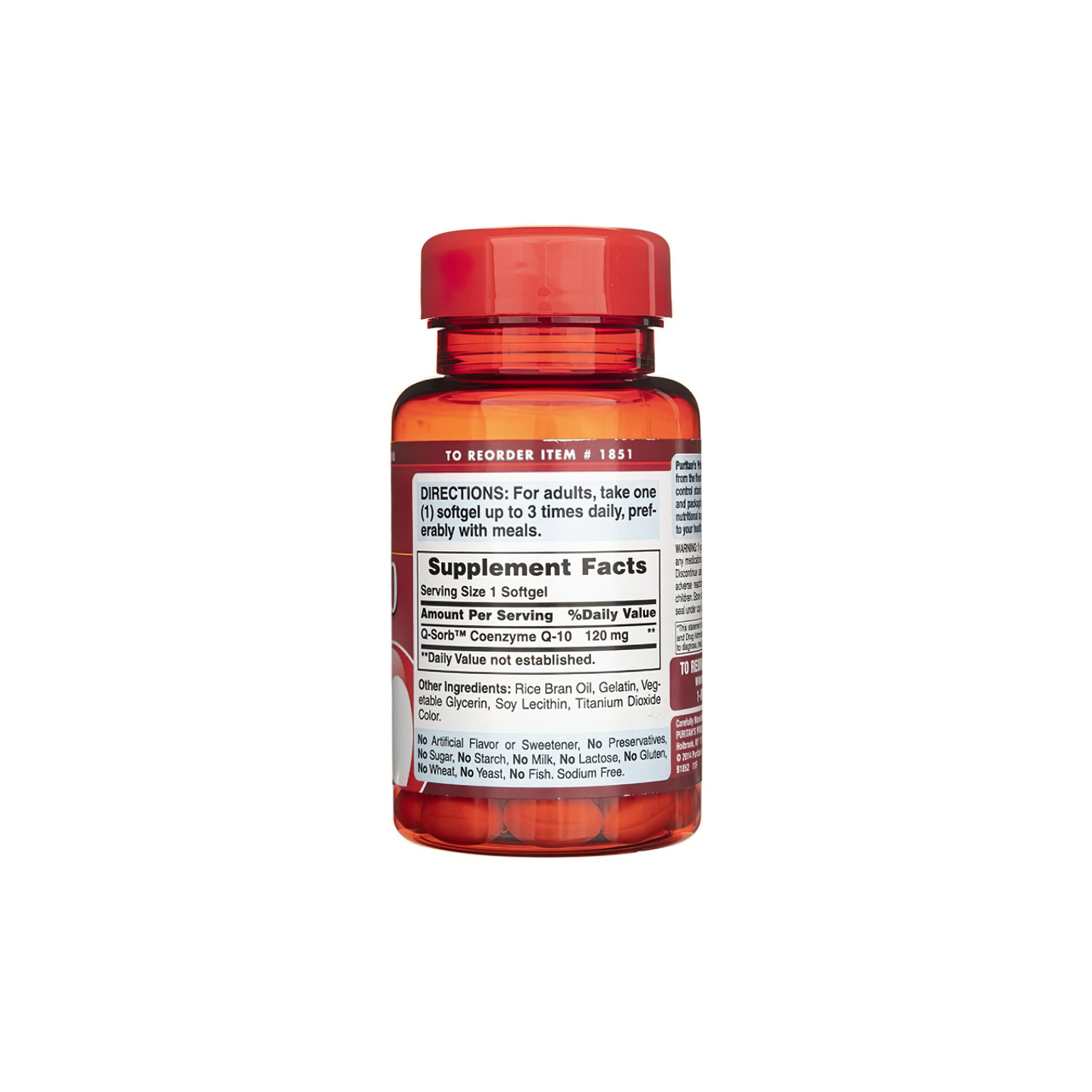 Um frasco de Puritan's Pride Coenzyme Q10 - 120 mg 60 Rapid Release softgels sobre um fundo branco.
