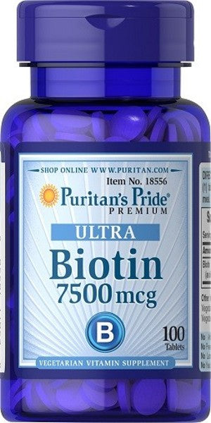 Puritan's Pride Biotin - 7,5 mg: suplemento alimentar em forma de comprimido.