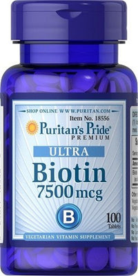 Miniatura de Puritan's Pride Biotin - 7,5 mg: suplemento alimentar em forma de comprimido.