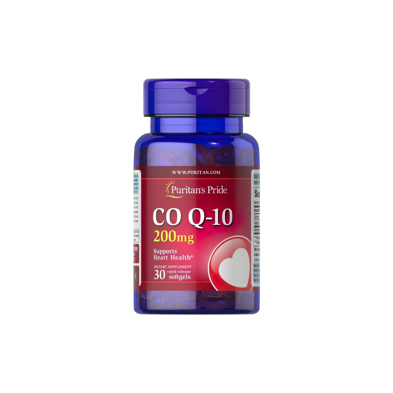 Um frasco de Q-SORB™ Co Q-10 200 mg 30 cápsulas de gelatina mole de libertação rápida da Puritan's Pride com um fundo branco repleto de antioxidantes para aumentar os níveis de energia e fortalecer o sistema imunitário.