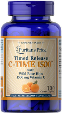 Thumbnail for Puritan's Pride Vitamin C-1500 mg with Rose Hips Timed Release 100 caps is a vitamin C supplement enriched with rosehips for boosting the immune system.