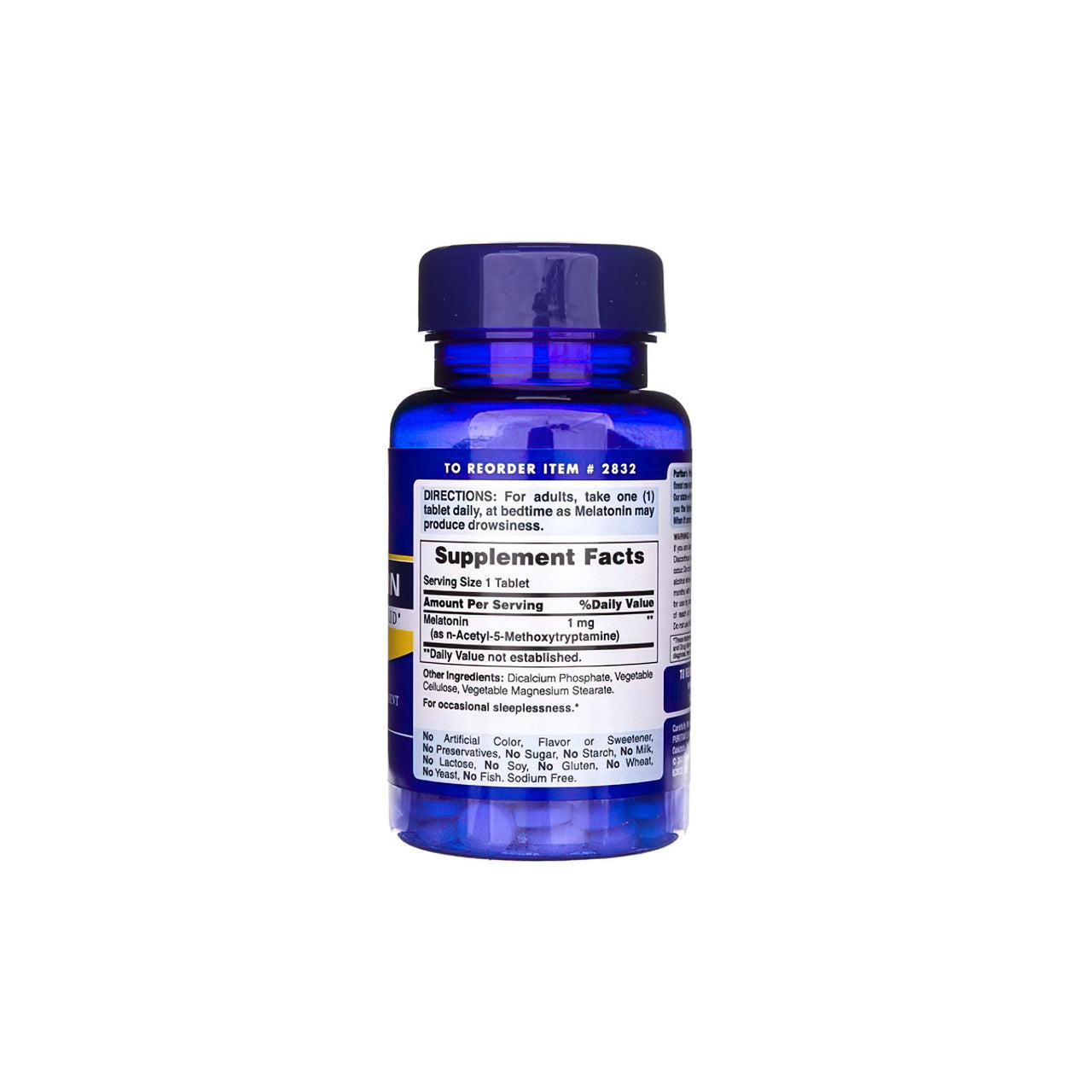 Um frasco de Puritan's Pride Melatonin 1 mg 90 Tablets sobre um fundo branco.