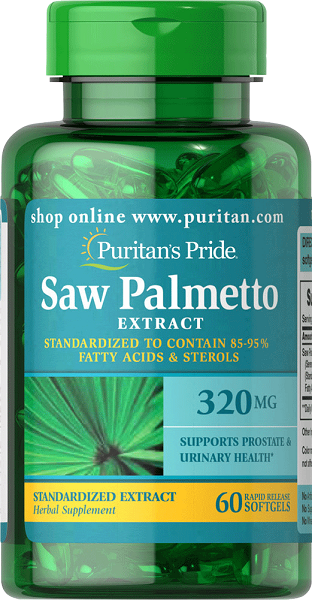 Puritan's Pride Saw Palmetto 320 mg 60 cápsulas moles de libertação rápida promove a saúde da próstata e apoia o fluxo do trato urinário.